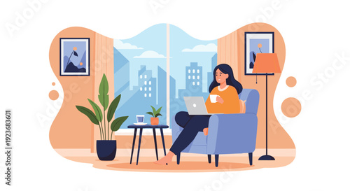 Productive young woman working from home in a cozy living room sitting in a comfortable armchair with a laptop and a cup of coffee.