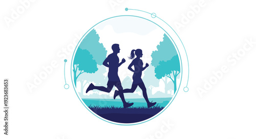 Active and healthy lifestyle and fitness concept showing silhouettes of a man and a woman jogging together outdoors in a green park.