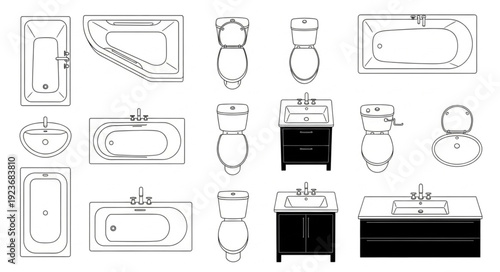 Bathroom fixtures and furniture collection, top view and front view, various designs.