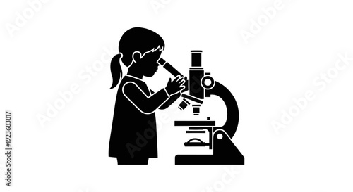Little girl curiously examines specimen through microscope in science class byo 136
