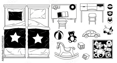 Childrens bedroom with two beds, desk, toys, and various decorative elements.