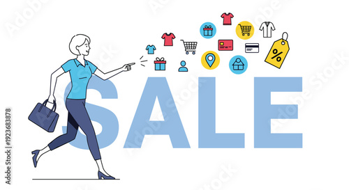 Enthusiastic and excited woman running towards a big sale sign with shopping icons and discounts floating in the white background.