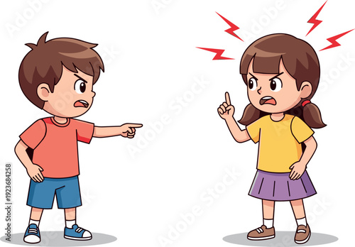 Angry boy and girl shouting and arguing with each other pointing fingers flat vector illustration isolated on white