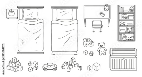 Detailed illustration of various bedroom furniture and toys for childrens room design.