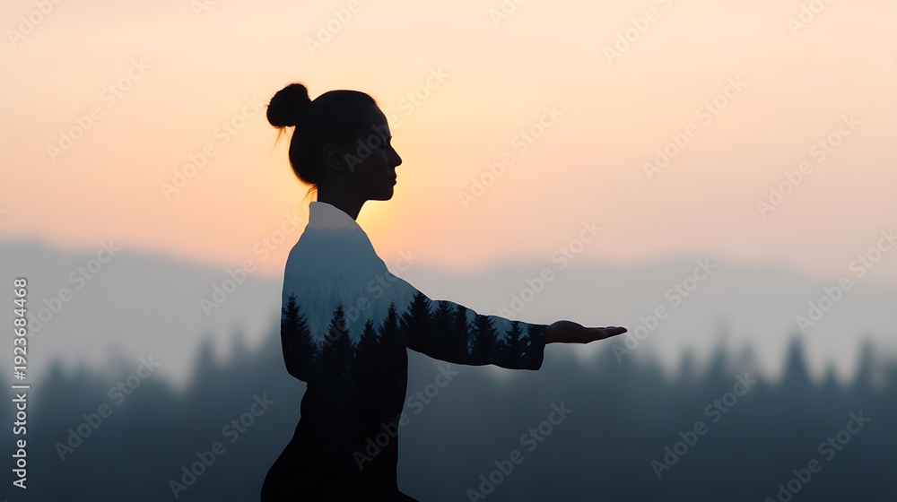Fototapeta premium A silhouette of a woman practicing mindfulness or meditation at sunrise, symbolizing harmony between nature and inner peace.