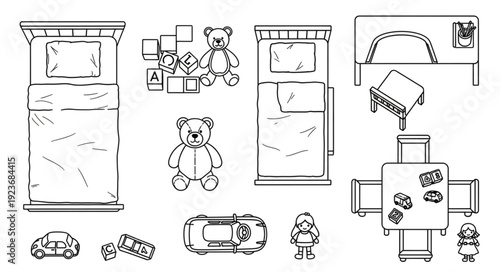 Detailed illustration of various childrens toys and furniture in a room setting.