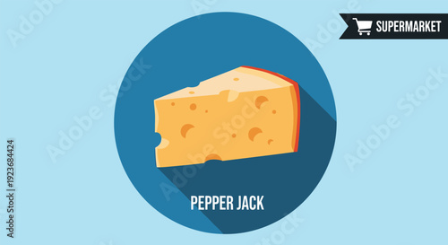 Flat illustration of a delicious wedge of pepper jack cheese with spicy peppers inside on a blue background in a circular frame.