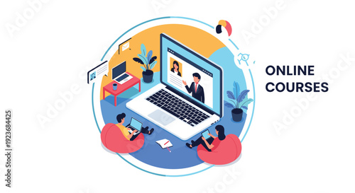 Modern digital learning and online courses concept with people studying from video lectures on laptops and tablets in a creative space.