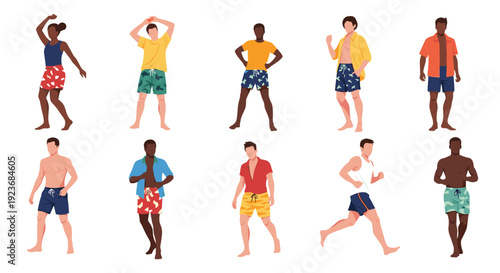 Diverse collection of men in various stylish swimwear and summer clothing ready for fun beach or pool vacation activities.