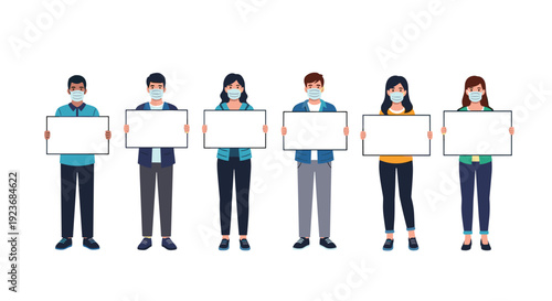 Diverse group of young people wearing protective face masks and holding blank white placards for your custom message or protest.