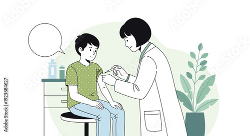 Kind female doctor giving a vaccination to a child patient in a medical office with a blank speech bubble for your information.