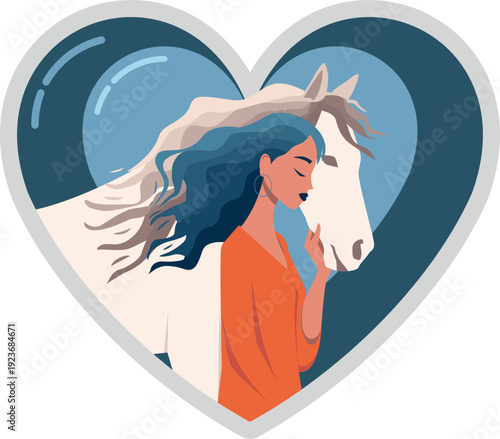 Horse with a girl, big heart, beautiful vector illustration of a girl petting a white horse. Big medical heart, love and relationships