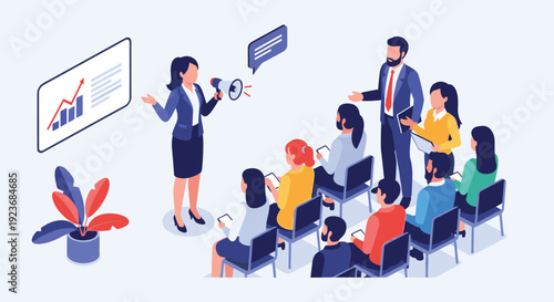 Business presentation and public speaking concept with professional woman using megaphone to address a corporate audience in a room.