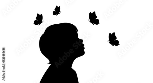 Silhouette of a child looking up at flying butterflies in the air byo 154