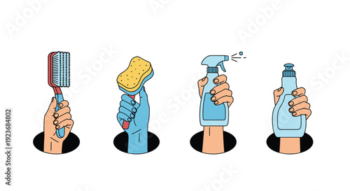 Collection of various hands holding cleaning equipment including brushes sponges and spray bottles for household chores.