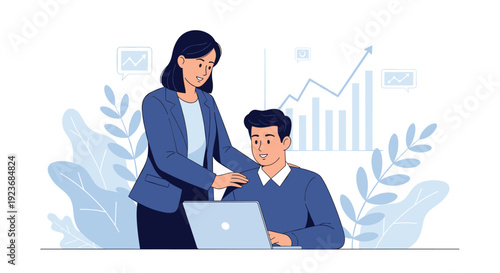 Professional business woman mentor providing guidance and support to a young male colleague working on a laptop in the office.