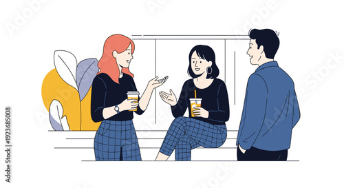Three young friends enjoy a casual conversation while drinking coffee in a modern indoor setting, representing social life and friendship.