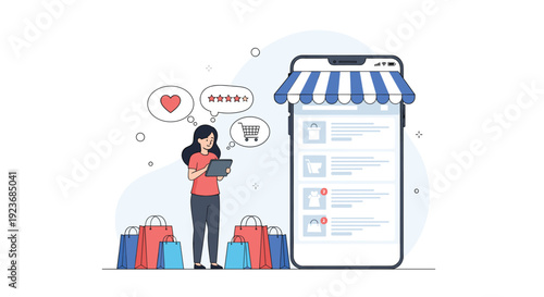 Young woman browsing on a tablet for online shopping with various colorful bags and a large smartphone interface for digital commerce.