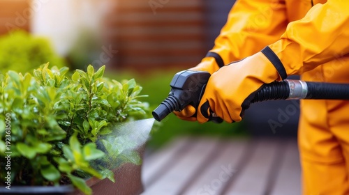 Gardener in orange protective suit spraying plants in outdoor garden setting