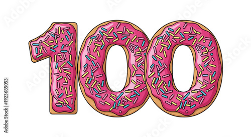 Celebration of a centenary or milestone achievement using the number one hundred designed as delicious pink frosted donuts with sprinkles.