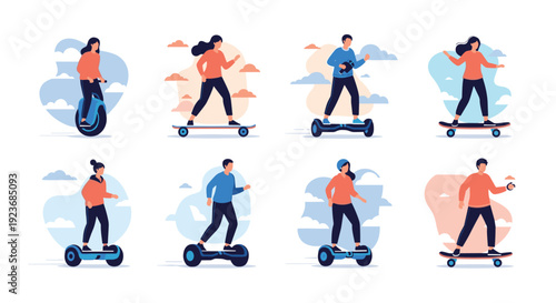 Diverse individuals riding modern electric transportation devices like unicycles, skateboards, and hoverboards for sustainable urban mobility.