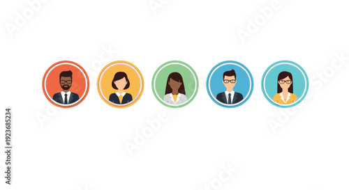 Set of professional avatars representing a diverse corporate team of five men and women in business attire for profile pictures and icons.