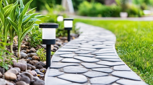 Outdoor garden pathway illuminated by solar lights on stone walkway