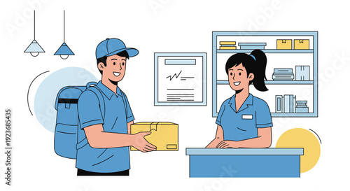 Courier in a blue uniform delivering a package to a female receptionist at an office counter, illustrating professional shipping services.