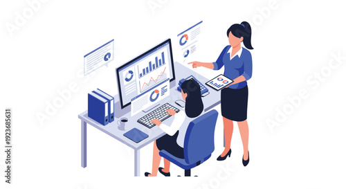 Two female analysts collaborating in a professional office, using a computer to examine complex data charts and financial growth reports.