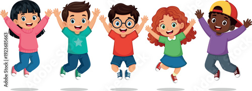 Group of diverse happy children jumping together with joy and excitement flat vector illustration isolated on white background
