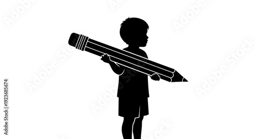 A young boy holding a giant pencil, standing alone, illustrated in black silhouette against a white background like in byo (139) concept art.