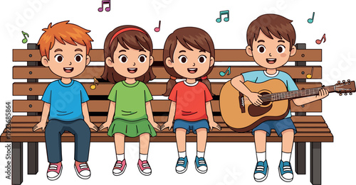 Group of happy children sitting on wooden park bench singing and playing guitar with musical notes flat vector illustration isolated