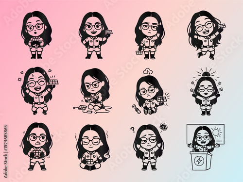 Cute Female Engineer Solar Power Character Emote Pack with Diverse Expressions