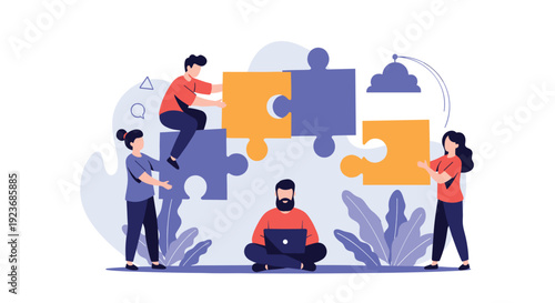 Collaborative team working together to assemble large jigsaw puzzle pieces, representing problem solving and business unity in the workplace.