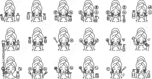 Detailed beauty treatment line art vector set featuring woman performing various skincare steps, applying masks, and using professional facial care tools collection.