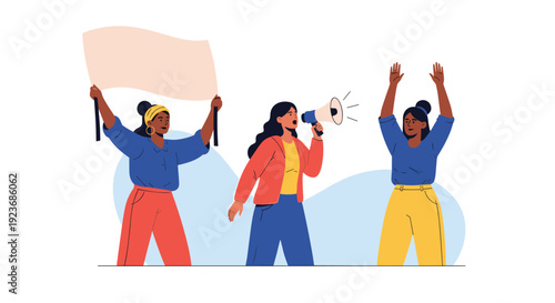 Three diverse women protesting for social change, holding a megaphone and a blank banner to advocate for their rights and voice opinions.