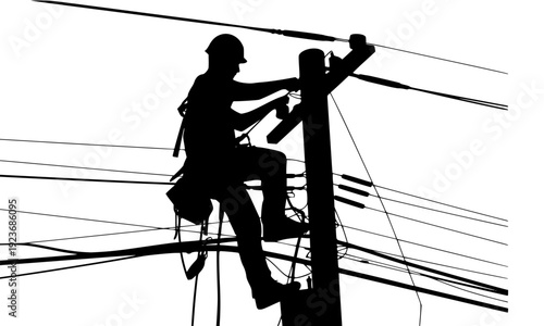 Black silhouette of an electrical utility worker climbing a power pole with safety gear and cables, representing skilled trade, infrastructure maintenance, and electrical engineering field work.