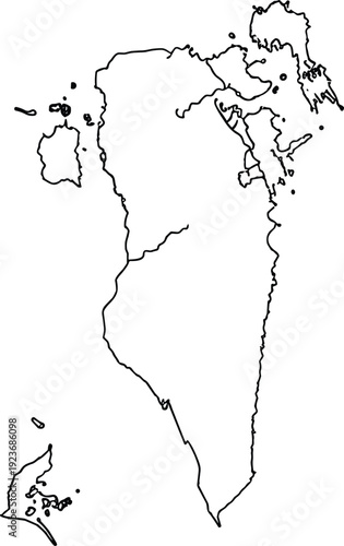 Minimalist black and white outline map of Bahrain isolated on white background with precise national borders for Middle Eastern geography and design