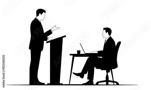 Black and white silhouette of two businessmen in a professional meeting, one presenting at a podium while the other works at a desk with a laptop in a modern office setting.