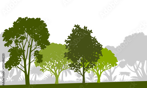 Lush green silhouette of park and forest trees in a vibrant nature landscape, perfect for eco-friendly backgrounds, environmental posters, and spring garden design projects.