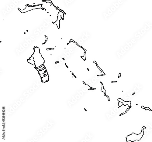 Minimalist black and white outline map of The Bahamas isolated on white background with precise national borders for Caribbean geography and design