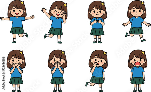 Little girl character set with different facial expressions and body poses including happy shy surprised and running flat vector illustration