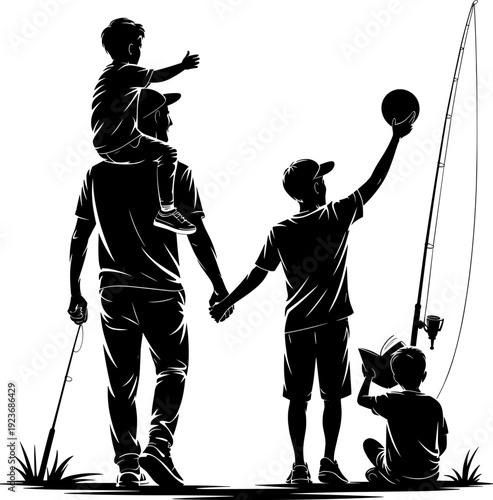 Heartwarming Father and Three Sons Fishing Adventure Silhouette: Cherished Family Bonding, Outdoor Recreation, Childhood Memories & Paternal Love Vector Art