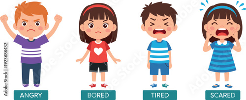 Set of children showing negative emotions including angry bored tired and scared flat vector illustration isolated on white background
