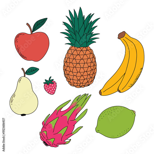Isolated Colorful Tropical Summer Fruits Icon Set – Orange, Banana, Lime, Strawberry, Dragonfruit, Apple and Pineapple Vector Illustration on White Background