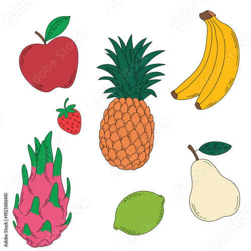 Isolated Colorful Tropical Summer Fruits Icon Set – Orange, Banana, Lime, Strawberry, Dragonfruit, Apple and Pineapple Vector Illustration on White Background