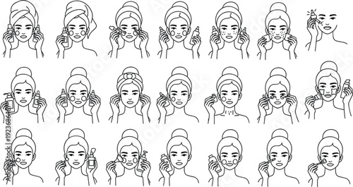 Comprehensive skincare and beauty routine line art vector set showing woman applying serum, cream, eye patches, facial rollers, and masks for daily treatment.