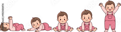 Set of baby development stages from newborn lying down to crawling sitting and first steps flat vector illustration isolated