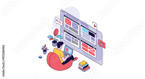 Male web designer sitting comfortably in a bean bag chair while working on user interface design projects on his laptop computer.