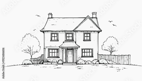 Continuous line drawing of a house with soft shadows in a simple style.